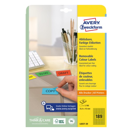 Imagine de pe ambalaj: Etichete colorate de organizare Avery Zweckform, detașabile, Articol: L6037-20, Dimensiune: 25,4 x 10 mm, Potrivite pentru imprimante: Inkjet, Laser monocrom, Laser color, Conținut: 3.780 etichete / 20 coli, 189 etichete/coală.