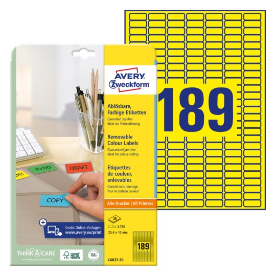 Imagine pachet cu coli de etichete: Avery Zweckform Etichete colorate, detașabile, Articol: L6037-20, Format: 25,4 x 10 mm, Potrivit pentru imprimare: Inkjet, Laser alb-negru, Laser color, Conținut: 3.780 etichete / 20 coli, 189 etichete/coală.