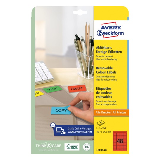 Imagine ambalaj: Avery Zweckform Etichete color pentru organizare, detașabile, Articol: L6038-20, Format: 45,7 x 21,2 mm, Compatibilitate de imprimare: Inkjet, Laser alb-negru, Laser color, Conținut: 960 etichete / 20 foi, 48 etichete/foaie.