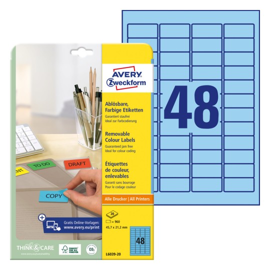 Imaginea ambalajului cu foaie de etichete: Avery Zweckform Etichete colorate, detașabile, Articol: L6039-20, Format: 45,7 x 21,2 mm, Compatibilitate imprimantă: Inkjet, Laser alb-negru, Laser color, Conținut: 960 de etichete / 20 foi, 48 de etichete/foaie.