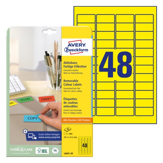 Imagine pachet cu foaie de etichete: Avery Zweckform Etichete colorate, detaşabile, articol: L6041-20, format: 45,7 x 21,2 mm, adecvate pentru imprimantă: Inkjet, Laser negru/alb, Laser color, conținut: 960 etichete / 20 foi, 48 etichete/foaie.