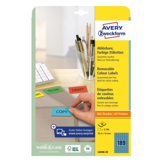 Imagine ambalaj: Avery Zweckform etichete de organizare colorate, detașabile, articol: L6048-20, format: 25,4 x 10 mm, compatibilitate imprimare: inkjet, laser alb-negru, laser color, conținut: 3.780 etichete / 20 foi, 189 etichete/foaie.