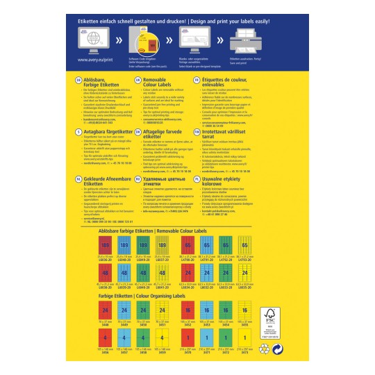 Un ghid de imprimare a etichetelor care include diverse etichete colorate cu dimensiuni, descrieri și sfaturi pentru imprimare. Ghidul este prezentat în mai multe limbi, inclusiv germană, engleză, franceză, olandeză, rusă și altele.