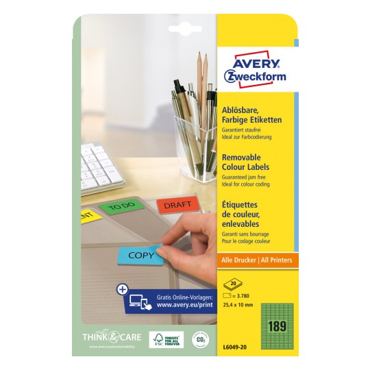 Imagine ambalaj: Avery Zweckform Etichete colorate pentru organizare, detașabile, Articol: L6049-20, Format: 25,4 x 10 mm, Tipărire: Inkjet, Laser alb-negru, Laser color, Conținut: 3.780 etichete / 20 coli, 189 etichete/coală.