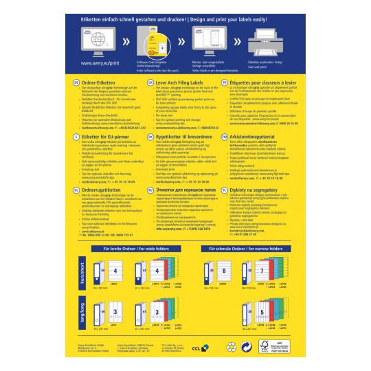 Imaginea este o reclamă multilingvă pentru produsele de etichete Avery, detaliind caracteristicile și instrucțiunile pentru proiectarea și imprimarea etichetelor. Include secțiuni pentru comandare, specificații ale etichetelor și informații de contact pentru serviciul clienți în diferite limbi.