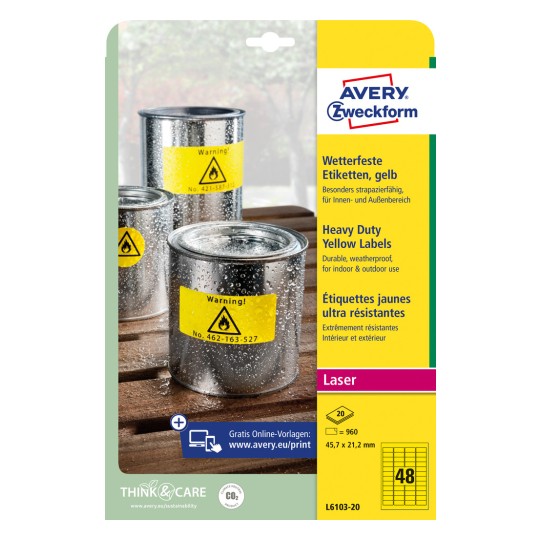 Imagine ambalaj: Etichete autoadezive rezistente la intemperii Avery Zweckform pentru imprimante laser, Articol: L6103-20, Dimensiuni: 45,7 x 21,2 mm, Potrivit pentru: imprimante laser alb-negru, Conținut: 960 etichete / 20 coli, 48 etichete/coală.