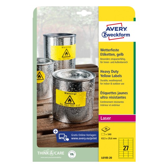 Imagine ambalajului: Avery Zweckform Etichete din folie rezistentă la intemperii pentru imprimante laser, Articol: L6105-20, Format: 63,5 x 29,6 mm, Potrivire pentru imprimantă: Laser alb-negru, Conținut: 540 etichete / 20 coli, 27 etichete/coală.