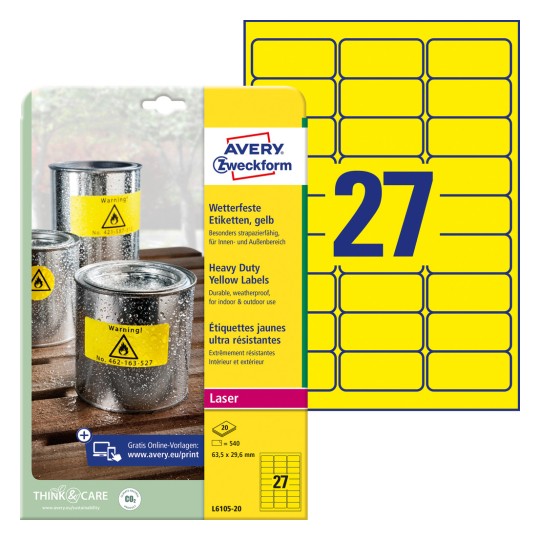 Imagine de pachet cu foaie de etichete: Avery Zweckform Etichete din folie rezistente la intemperii, Articol: L6105-20, Format: 63,5 x 29,6 mm, Compatibilitate imprimantă: Laser alb-negru, Conținut: 540 de etichete / 20 de foi, 27 etichete/foaie?