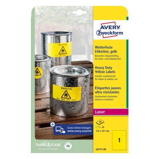 Imagine ambalajului: Etichete din folie rezistentă la intemperii Avery Zweckform pentru imprimante laser, Articol: L6111-20, Format: 210 x 297 mm, Potrivit pentru imprimare: Laser alb-negru, Conținut: 20 etichete / 20 coli, 1 etichetă/coală.