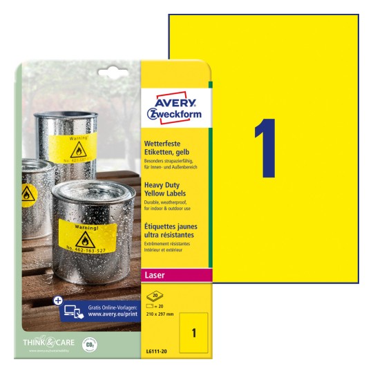 Imaginea ambalajului cu foi de etichete: Avery Zweckform Etichete din folie rezistente la intemperii, Articol: L6111-20, Format: 210 x 297 mm, Potrivit pentru tipărire: Laser alb-negru, Conținut: 20 etichete / 20 foi, 1 etichetă/foaie?