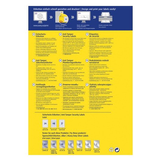 Imaginea este o broșură de produs pentru Etichete de Securitate Anti Manipulare, detaliind caracteristicile lor, specificațiile materialelor, instrucțiunile de aplicare și dimensiunile disponibile în mai multe limbi. Include informații de contact și sugestii pentru utilizare.
