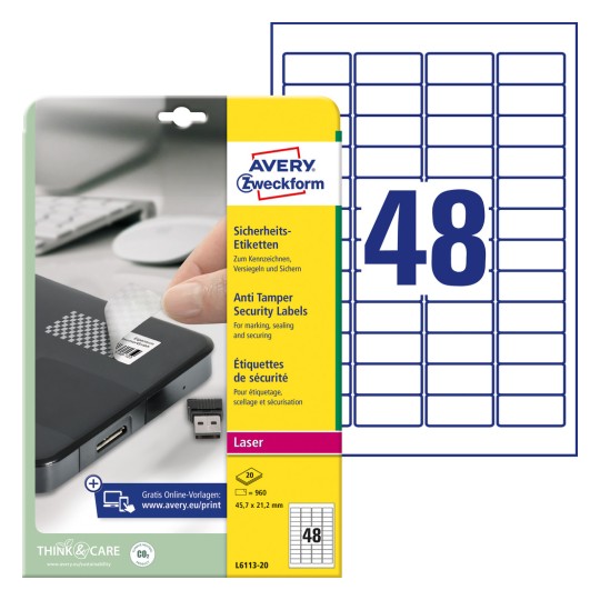 Imaginea ambalajului cu coli de etichete: Etichete de siguranță Avery Zweckform, articol: L6113-20, format: 45,7 x 21,2 mm, compatibilitate printer: Laser alb-negru, laser color, conținut: 960 de etichete / 20 de coli, 48 de etichete/coală.