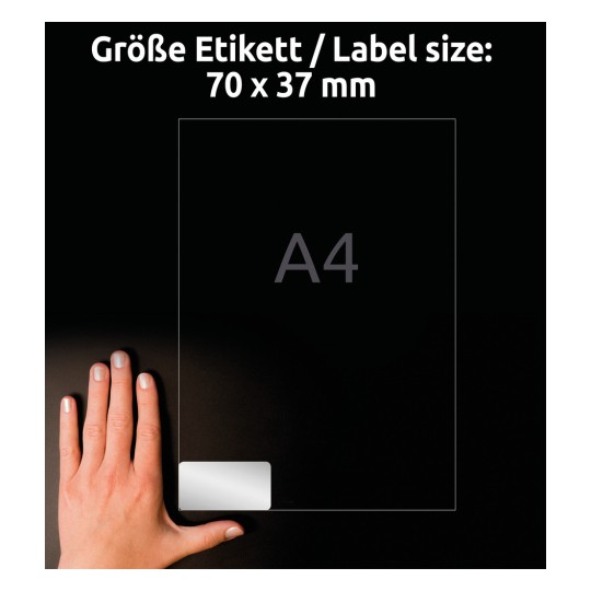 Compararea dimensiunilor cu mâna, articol: L6133-20, o coală de etichete de identificare, format: 70 x 37 mm, culoare: argintiu?