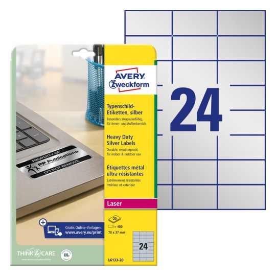 Imagine ambalajului cu foaie de etichete: Etichete de tip placă de identificare Avery Zweckform, Articol: L6133-20, Format: 70 x 37 mm, Potrivite pentru imprimante: Laser alb-negru, Conținut: 480 etichete / 20 coli, 24 etichete/coală.