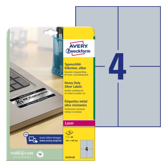 Imagine pachet cu foi de etichete: Etichete tip placă de identificare Avery Zweckform, Articol: L6134-20, Format: 105 x 148 mm, Compatibilitate imprimantă: Laser alb-negru, Conținut: 80 etichete / 20 foi, 4 etichete/foaie.