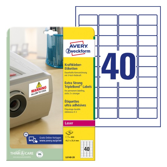 Imagine ambalaj cu coală de etichete: Etichete adezive kraft Avery Zweckform, Articol: L6140-20, Format: 45,7 x 25,4 mm, Tipărire: Laser alb-negru, laser color, Conținut: 800 etichete / 20 coli, 40 etichete/coală.
