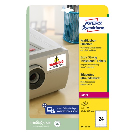 Imagine pachet: Avery Zweckform etichete adezive puternice, Articol: L6141-20, Format: 63,5 x 33,9 mm, Compatibilitate imprimantă: Laser alb-negru, laser color, Conținut: 480 etichete / 20 coli, 24 etichete/coală.