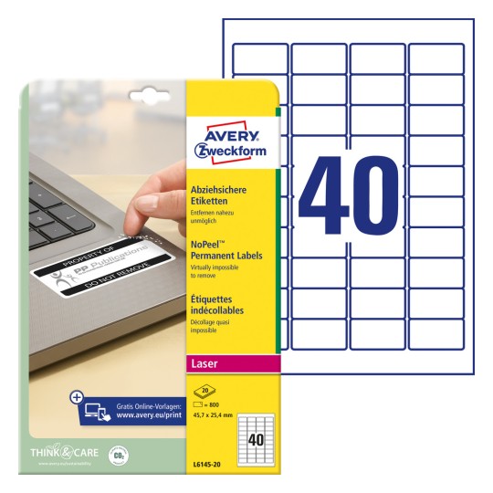 Imagine pachet cu foaie de etichete: Avery Zweckform Etichete neîndepărtabile, Articol: L6145-20, Format: 45,7 x 25,4 mm, Potrivit pentru imprimantă: Laser alb-negru, Conținut: 800 etichete / 20 foi, 40 etichete/foaie.