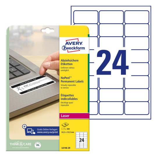 Imagine pachet cu set de etichete: Avery Zweckform Etichete nedetașabile, Articol: L6146-20, Format: 63,5 x 33,9 mm, Potrivire imprimantă: Laser alb-negru, Conținut: 480 de etichete / 20 coli, 24 etichete/coală.
