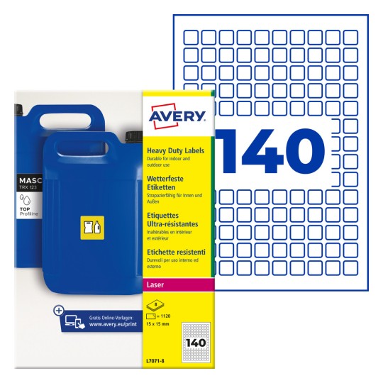 Pachet de etichete Avery pentru sarcini grele, cu imagine de bidon albastru și grilă de etichete „140”?