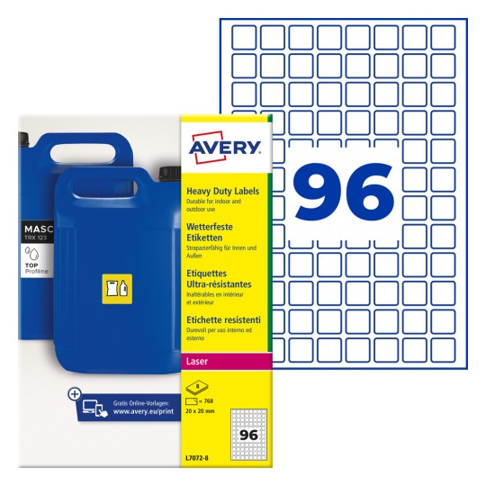Ambalaj etichetă Avery pentru uz intens cu canistre albastre și grafică cu numărul 96?