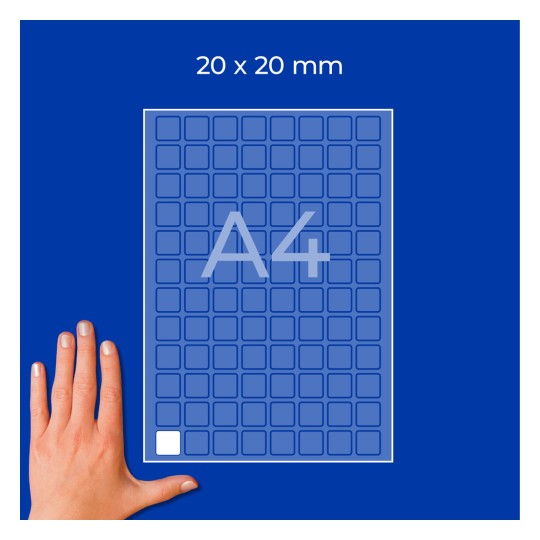 Mână lângă o foaie cu grilă A4 etichetată 20 x 20 mm, cu celule pătrate mici?