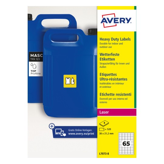 Bidoane din plastic albastre cu etichete Avery Heavy Duty, design de ambalaj?