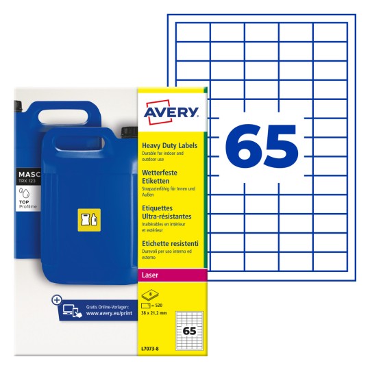 Ambalare etichete Avery Heavy Duty cu canistre albastre și o grilă cu numărul mare 65?