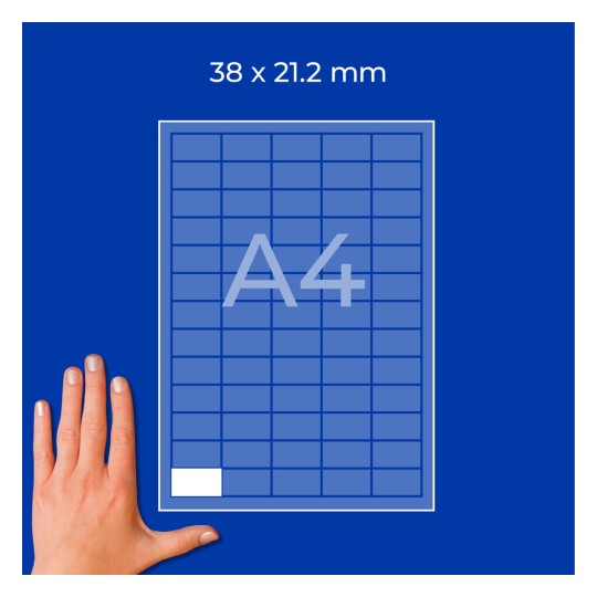 Mână lângă o diagramă albastră cu grilă A4, etichetată 38 x 21,2 mm?