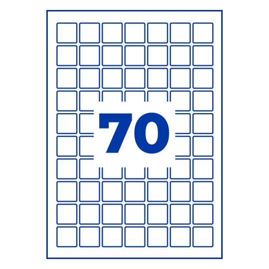 Grilă albă de pătrate albastre rotunjite, cu un număr albastru mare 70 în centru?