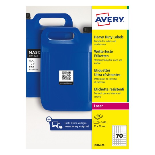 Două canistre albastre din plastic cu etichetă QR lângă un pachet de etichete Avery galbene?