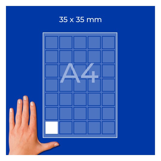 Grilă pe o coală A4 cu pătrate de 35×35 mm, cu un pătrat alb și o mână în colțul din stânga jos?