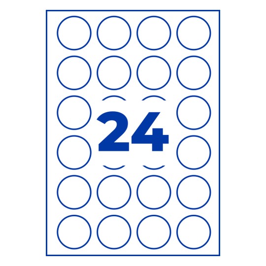 Foaie cu 24 de etichete circulare conturate cu albastru și numărul mare 24 albastru în centru?