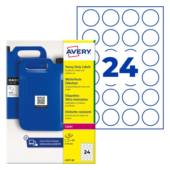 Pachet de etichete rotunde Avery pentru uz intens, care prezintă recipiente albastre și o coală cu 24 de etichete circulare?