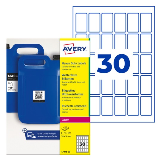Pachet de etichete Avery pentru utilizare intensă, cu canistre albastre și numărul mare 30?
