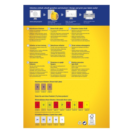 Imaginea afișează o reclamă multilingvă pentru proiectarea și tipărirea etichetelor, inclusiv detalii despre etichetele din kraft maro, caracteristicile și utilizarea acestora. Prezintă dimensiunile produsului, tipurile de etichete disponibile și informații despre suportul promoțional.