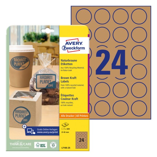 Imagine produs cu foi de etichete: Avery Zweckform Etichete maro naturale, Articol: L7105-25, Format: ⌀ 40 mm, Potrivit pentru imprimare: Inkjet, Laser alb-negru, Laser color, Conținut: 600 de etichete / 25 foi, 24 etichete/foaie.