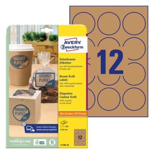 Imaginea ambalajului cu foaie de etichete: Avery Zweckform Etichete maro natural, Articol: L7106-25, Format: ⌀ 60 mm, Potrivire pentru imprimantă: Inkjet, Laser alb-negru, Laser color, Conținut: 300 de etichete / 25 de foi, 12 etichete/foaie.