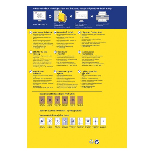 Imaginea este un fluturaș promoțional pentru etichetele Avery, prezentând diferite tipuri de etichete kraft maro, caracteristicile, dimensiunile și informațiile ecologice ale acestora. Include text multilingv și instrucțiuni pentru proiectarea și imprimarea etichetelor.