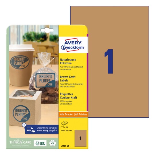 Imagine pachet cu foaie de etichete: Avery Zweckform Etichete natur maro, Articol: L7109-25, Format: 210 x 297 mm, Potrivire pentru imprimantă: Inkjet, Laser alb-negru, Laser color, Conținut: 25 etichete / 25 foi, 1 etichetă/foaie?