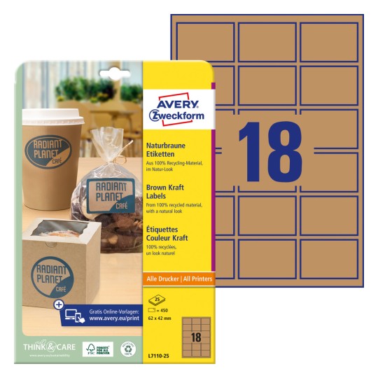 Imagine ambalajului cu foaie de etichete: Avery Zweckform Etichete din hârtie natur brună, Articol: L7110-25, Format: 62 x 42 mm, Imprimare compatibilă: Inkjet, Laser alb-negru, Laser color, Conținut: 450 de etichete / 25 de foi, 18 etichete/foaie.