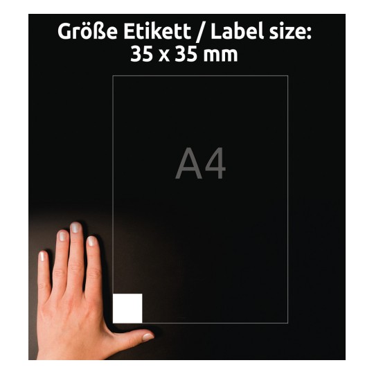 Comparare de mărime cu mâna, Articol: L7120-25, o coală de etichete pătrate, Format: 35 x 35 mm, Culoare: Albă.