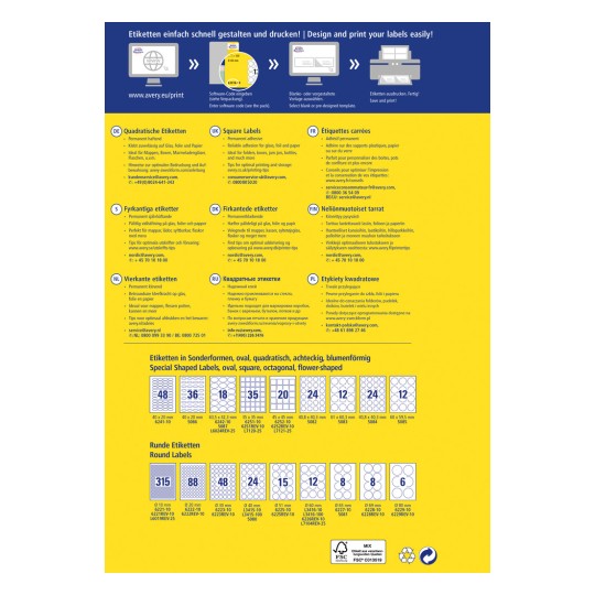 Imaginea arată un ghid pentru proiectarea și tipărirea diferitelor tipuri de etichete, inclusiv etichete pătrate, rotunde, dreptunghiulare și de forme speciale. Include dimensiuni și coduri de produs pentru diferite formate de etichete și oferă informații de contact pentru serviciul clienți în diverse limbi.