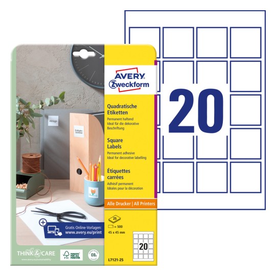 Imagine pachetului cu foaie de etichete: Avery Zweckform Etichete pătrate, Articol: L7121-25, Format: 45 x 45 mm, Compatibilitate tipărit: Inkjet, Laser alb-negru, Laser color, Conținut: 500 de etichete / 25 de foi, 20 de etichete/foaie