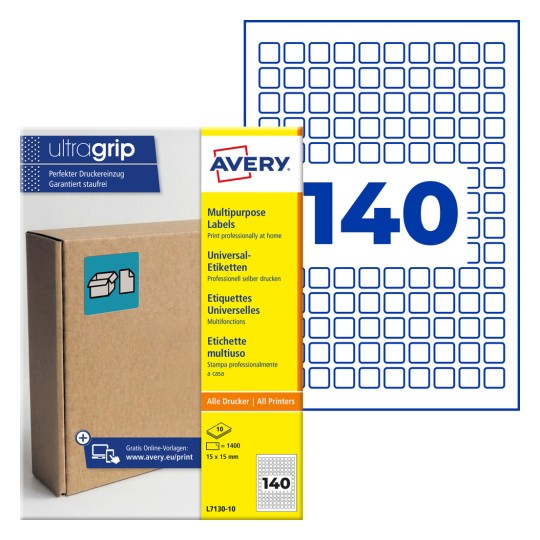 Pachet de etichete multifuncționale Avery Ultragrip care prezintă 140 de etichete mici pătrate și o cutie de carton?