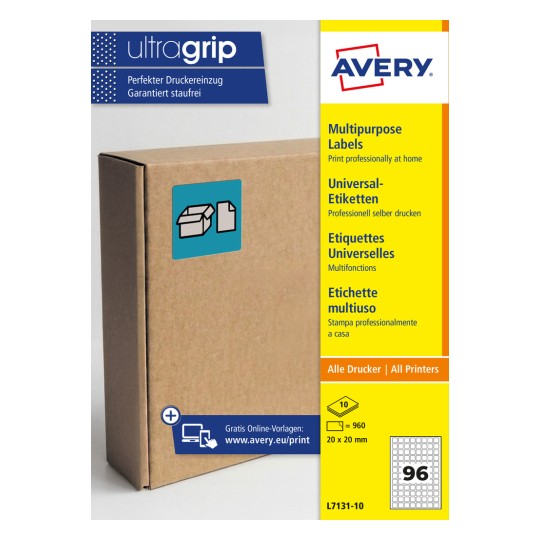 Ambalaj Avery pentru etichete multifuncționale, cu imaginea unei cutii de carton și text despre produs?