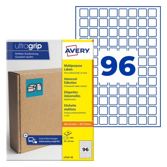 Pachet de etichete multifuncționale Avery Ultragrip, care prezintă 96 de etichete pătrate albastre și ambalajul?