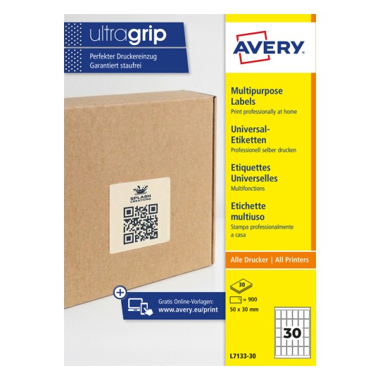 O cutie de carton cu o etichetă pătrată cu cod QR și bara laterală a ambalajului etichetelor Avery UltraGrip?