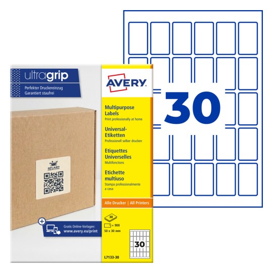 Pachet de etichete Avery multifuncționale care prezintă 30 de etichete mici dreptunghiulare și ambalaj?