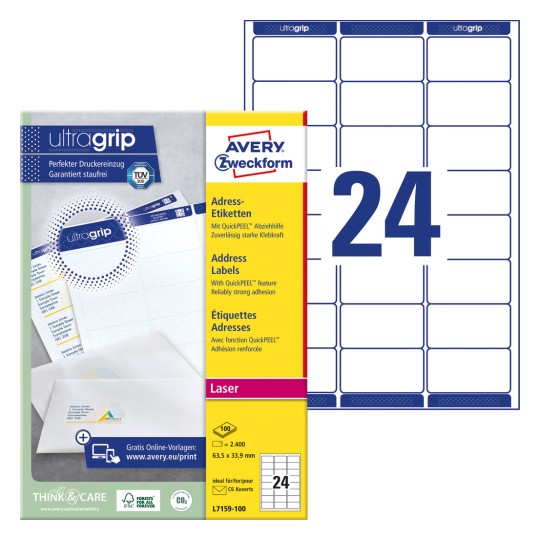 Imagine pachet cu set de etichete: Etichete de adresă Avery Zweckform, Articol: L7159-100, Format: 63,5 x 33,9 mm, Potrivit pentru printare: Laser alb-negru, Laser color, Conținut: 2.400 de etichete / 100 foi, 24 etichete/foaie.
